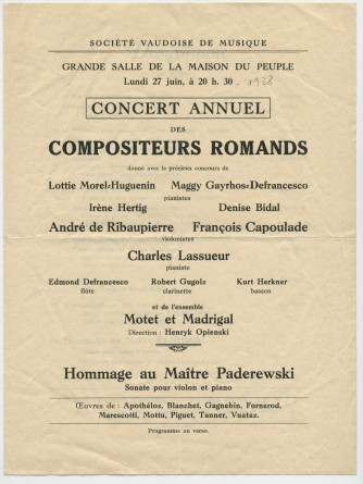 Programme du «concert annuel des compositeurs romands» donné le 27 juin 1938 à la Maison du Peuple à Lausanne, avec «hommage au Maître Paderewski» par André de Ribaupierre et Charles Lassueur
