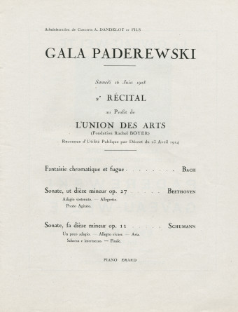 Libretto des trois récitals de gala donnés par Paderewski les 12, 16 et 23 juin 1928 au Théâtre des Champs-Elysées à Paris (f-j)