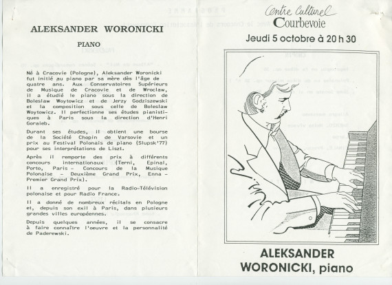 Programme du récital donné le 5 octobre 1989 au Centre culturel de Courbevoie par le pianiste Aleksander Woronicki – avec article de présentation illustré