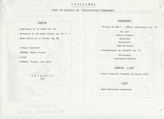 Programme du récital donné le 5 octobre 1989 au Centre culturel de Courbevoie par le pianiste Aleksander Woronicki – avec article de présentation illustré