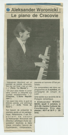 Programme du récital donné le 5 octobre 1989 au Centre culturel de Courbevoie par le pianiste Aleksander Woronicki – avec article de présentation illustré