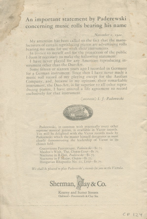 Libretto du récital donné «On the Steinway Piano, the Instrument of the Immortals» par Paderewski le 29 février 1924 à Oakland (Californie) (?)