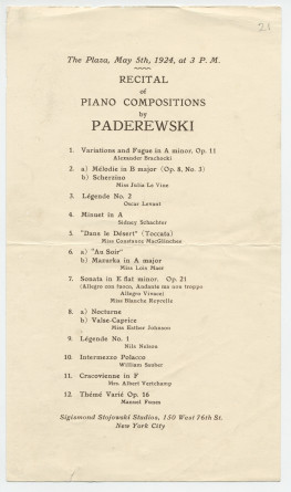 Programme du récital Paderewski donné par des élèves de Zygmunt Stojowski le 5 mai 1924 à New York