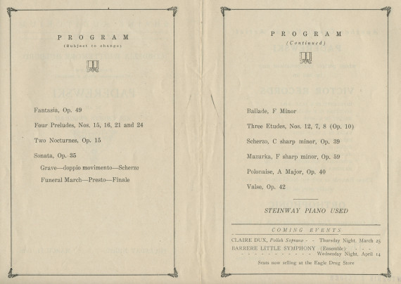 Programme du récital Chopin donné par Paderewski le 11 mars 1926 au Shrine Auditorium de Phoenix (Arizona)