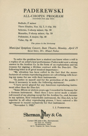 Libretto du récital Chopin donné par Paderewski le 12 avril 1926 au State Theatre de Sacramento (Californie)