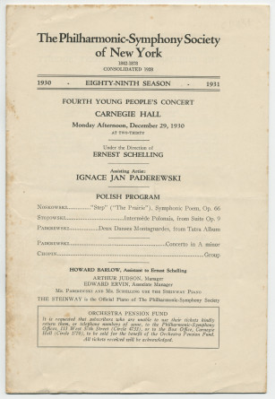 Libretto du 4e Young People's Concert donné le 29 décembre 1930 au Carnegie Hall de New York par Ernest Schelling (direction), avec entre autres au programme le Concerto pour piano de Paderewski (avec le compositeur en soliste) (a-h)