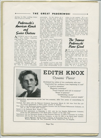 Libretto illustré et documenté du «Paderewski Twentieth American Tour Souvenir Program» [récital-souvenir de la 20e tournée américaine de Paderewski] donné le 2 avril 1939 au Shrine Auditorium de Los Angeles (Californie) (j-r)