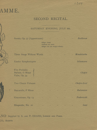 Programme des récitals donné par Paderewski les 7 et 9 juillet 1904 au Town Hall de Melbourne