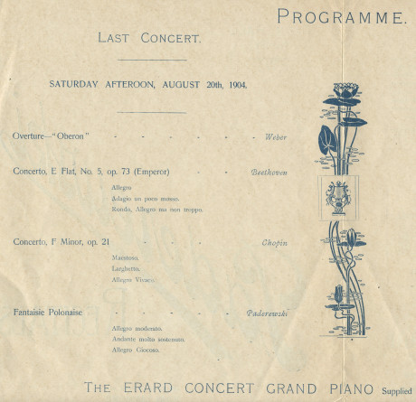 Programme du concert donné par Paderewski le 20 août 1904 au Town Hall de Sydney avec un «Grand Orchestra» dirigé par Roberto Hazon, avec au programme notamment sa «Fantaisie polonaise»