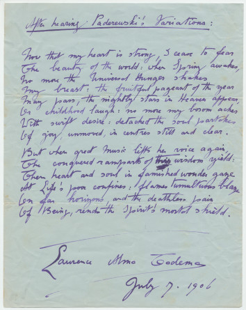 «After hearing Paderewski's Variations» – Poème manuscrit en anglais rédigé le 7 juillet 1906 par Laurence Alma-Tadema (avec saisie dactylographiée)