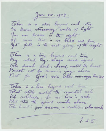 «There is a star…» – Poème manuscrit en anglais rédigé le 25 juin 1907 par Laurence Alma-Tadema (avec saisie dactylographiée)