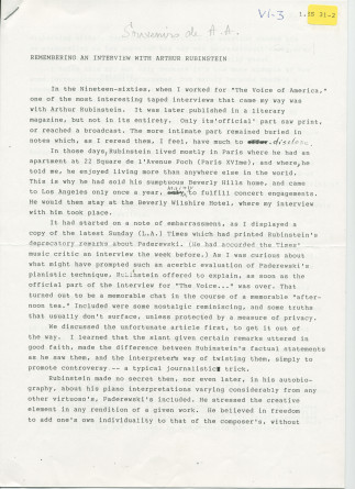 «Remembering an interview with Arthur Rubinstein» – Souvenirs anglais dactylographiés d'Anne Appleton-Strakacz (fille du secrétaire de Paderewski), mélangés (!) à une traduction française partielle de Françoise Fuchss
