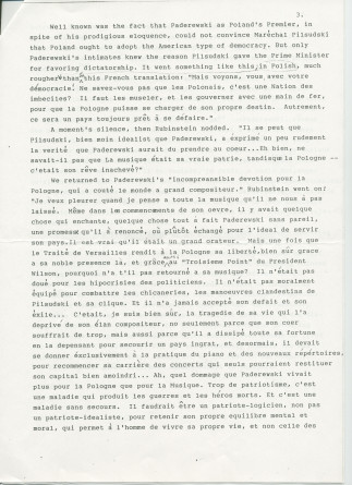 «Remembering an interview with Arthur Rubinstein» – Souvenirs anglais dactylographiés d'Anne Appleton-Strakacz (fille du secrétaire de Paderewski), mélangés (!) à une traduction française partielle de Françoise Fuchss
