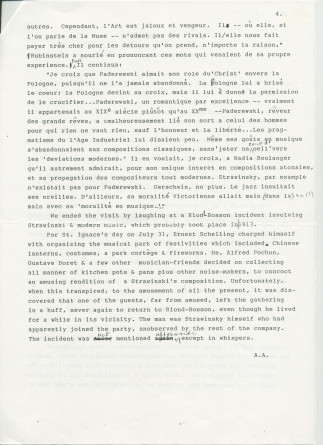 «Remembering an interview with Arthur Rubinstein» – Souvenirs anglais dactylographiés d'Anne Appleton-Strakacz (fille du secrétaire de Paderewski), mélangés (!) à une traduction française partielle de Françoise Fuchss