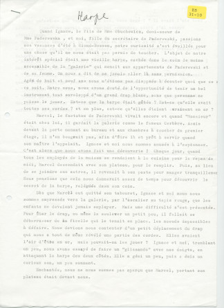 «Le mystère de la harpe» – Récit dactylographié d'Anne Appleton-Strakacz (fille du secrétaire du maître), sans références, traduit en français par Françoise Fuchss