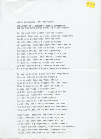 «Nadia Boulanger: She Prevailed – Fragment of a summer's Sunday afternoon during the open-house hours at Riond-Bosson» [Nadia Boulanger: elle prévalait – Fragment d'un après-midi d'été durant les portes ouvertes de Riond-Bosson]