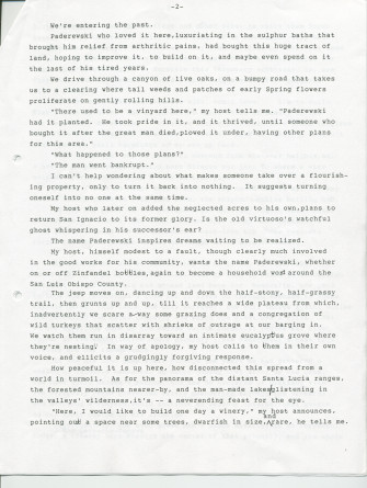 «Paderewski at Chimney Rock Ranch (Spring of 1993)» – Récit dactylographié d'Anne Appleton-Strakacz (fille du secrétaire du maître) sur Paso Robles, écrit et/ou publié probablement au printemps 1993