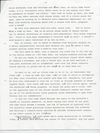 «Paderewski at Chimney Rock Ranch (Spring of 1993)» – Récit dactylographié d'Anne Appleton-Strakacz (fille du secrétaire du maître) sur Paso Robles, écrit et/ou publié probablement au printemps 1993