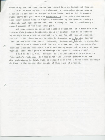 «Paderewski at Chimney Rock Ranch (Spring of 1993)» – Récit dactylographié d'Anne Appleton-Strakacz (fille du secrétaire du maître) sur Paso Robles, écrit et/ou publié probablement au printemps 1993
