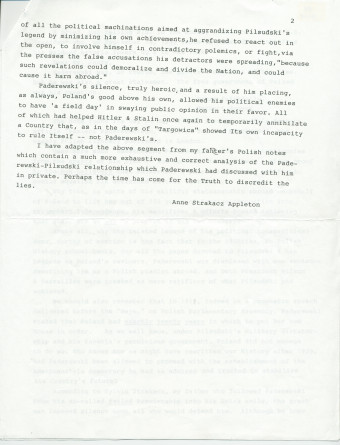 Récit dactylographié d'Anne Appleton-Strakacz sur Paderewski homme politique, d'après le témoignage de son père, Sylwin Strakacz, secrétaire du maître