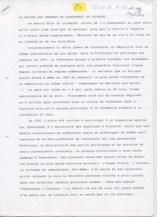 «Le retour de Paderewski dans sa patrie» – Récit dactylographié d'Anne Appleton-Strakacz sur la translation de la dépouille mortelle de Paderewski du cimetière national d'Arlington (USA) à la cathédrale Saint-Jean de Varsovie, au début de l'été 1992