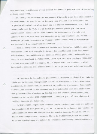 «Le retour de Paderewski dans sa patrie» – Récit dactylographié d'Anne Appleton-Strakacz sur la translation de la dépouille mortelle de Paderewski du cimetière national d'Arlington (USA) à la cathédrale Saint-Jean de Varsovie, au début de l'été 1992