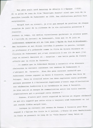 «Le retour de Paderewski dans sa patrie» – Récit dactylographié d'Anne Appleton-Strakacz sur la translation de la dépouille mortelle de Paderewski du cimetière national d'Arlington (USA) à la cathédrale Saint-Jean de Varsovie, au début de l'été 1992