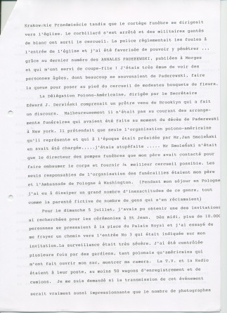 «Le retour de Paderewski dans sa patrie» – Récit dactylographié d'Anne Appleton-Strakacz sur la translation de la dépouille mortelle de Paderewski du cimetière national d'Arlington (USA) à la cathédrale Saint-Jean de Varsovie, au début de l'été 1992