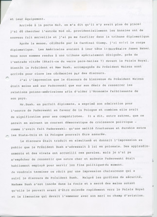 «Le retour de Paderewski dans sa patrie» – Récit dactylographié d'Anne Appleton-Strakacz sur la translation de la dépouille mortelle de Paderewski du cimetière national d'Arlington (USA) à la cathédrale Saint-Jean de Varsovie, au début de l'été 1992
