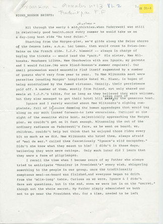 «Riond-Bosson briefs» – Souvenirs anglais dactylographiés d'Anne Appleton-Strakacz (fille du secrétaire de Paderewski)