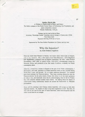 «Why the Injustice?» [Pourquoi l'injustice?] – Récit d'Anne Appleton-Strakacz (fille du secrétaire du maître) sur l'héritage politique de Paderewski (vs. Pilsudski…)