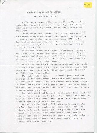 «Riond-Bosson vu des coulisses» – Souvenirs dactylographiés du journaliste Fernand Auberjonois, rédigés probablement en 1992, à propos de sa rencontre, enfant, en 1923, de Paderewski et de son poulailler, ainsi que de la famille Stravinski