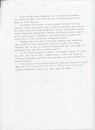 «Riond-Bosson vu des coulisses» – Souvenirs dactylographiés du journaliste Fernand Auberjonois, rédigés probablement en 1992, à propos de sa rencontre, enfant, en 1923, de Paderewski et de son poulailler, ainsi que de la famille Stravinski