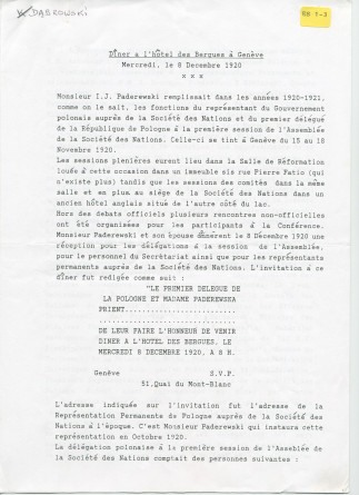 «Dîner à l'hôtel des Bergues à Genève, mercredi 8 décembre 1920» – Traduction française d'un récit en polonais du Prof. Krzysztof Dabrowski