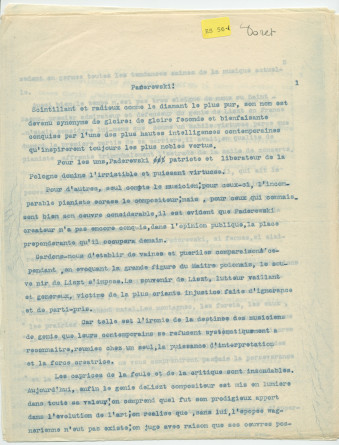 «Paderewski!» – Hommage dactylographié rédigé le 22 août 1928 au château de Lutry par Gustave Doret – Avec traduction polonaise dactylographiée
