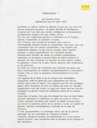 «Paderewski!» – Hommage dactylographié rédigé le 22 août 1928 au château de Lutry par Gustave Doret – Avec traduction polonaise dactylographiée