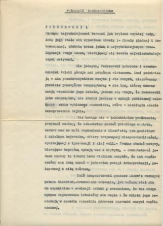 «Paderewski!» – Hommage dactylographié rédigé le 22 août 1928 au château de Lutry par Gustave Doret – Avec traduction polonaise dactylographiée