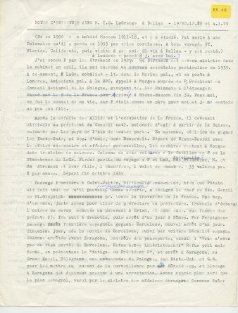 Notes dactylographiées d'entrevues réalisées par Hugo Faesi à Dallas les 19-20 décembre 1978 et 4 janvier 1979 à Dallas avec Ignace G. LaGrange (alias Kollupajlo), dernier secrétaire de Paderewski, au sujet de la fin de vie et de la succession du maître