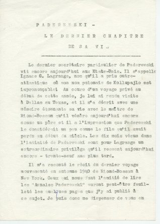 Notes dactylographiées d'entrevues réalisées par Hugo Faesi à Dallas les 19-20 décembre 1978 et 4 janvier 1979 à Dallas avec Ignace G. LaGrange (alias Kollupajlo), dernier secrétaire de Paderewski, au sujet de la fin de vie et de la succession du maître