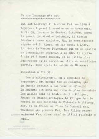 Notes dactylographiées d'entrevues réalisées par Hugo Faesi à Dallas les 19-20 décembre 1978 et 4 janvier 1979 à Dallas avec Ignace G. LaGrange (alias Kollupajlo), dernier secrétaire de Paderewski, au sujet de la fin de vie et de la succession du maître