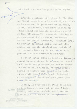 Notes dactylographiées d'entrevues réalisées par Hugo Faesi à Dallas les 19-20 décembre 1978 et 4 janvier 1979 à Dallas avec Ignace G. LaGrange (alias Kollupajlo), dernier secrétaire de Paderewski, au sujet de la fin de vie et de la succession du maître