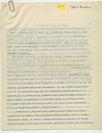 «Paderewski, homme politique» – Texte dactylographié rédigé par Gabriel Hanotaux de l'Académie française (sans réf. de date ni de publication)