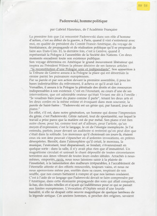 «Paderewski, homme politique» – Texte dactylographié rédigé par Gabriel Hanotaux de l'Académie française (sans réf. de date ni de publication)