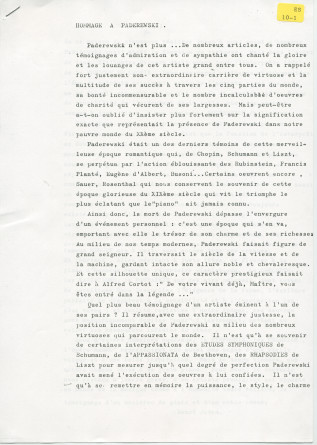 «Hommage à Paderewski» – Texte manuscrit rédigé par le journaliste Henri Jaton à la suite de la disparition du maître (sans réf. de publication) (avec saisie dactylographiée)