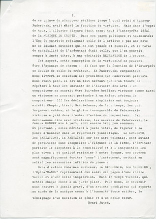 «Hommage à Paderewski» – Texte manuscrit rédigé par le journaliste Henri Jaton à la suite de la disparition du maître (sans réf. de publication) (avec saisie dactylographiée)
