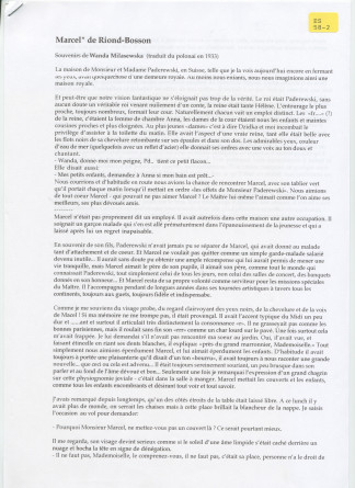 «Marcel [Sentou] de Riond-Bosson [valet de Paderewski] – souvenirs de Wanda Milaszewska» traduits en français en 1933 (sans réf. de publication)