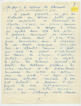 Reproduction manuscrite de divers articles de presse sur Paderewski (sans réf. claires la plupart du temps) par Lydia Opienska-Barblan (probablement tirés d'un pressbook)