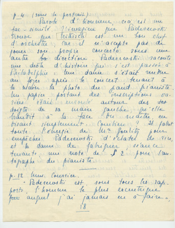 Reproduction manuscrite de divers articles de presse sur Paderewski (sans réf. claires la plupart du temps) par Lydia Opienska-Barblan (probablement tirés d'un pressbook)