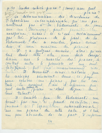Reproduction manuscrite de divers articles de presse sur Paderewski (sans réf. claires la plupart du temps) par Lydia Opienska-Barblan (probablement tirés d'un pressbook)