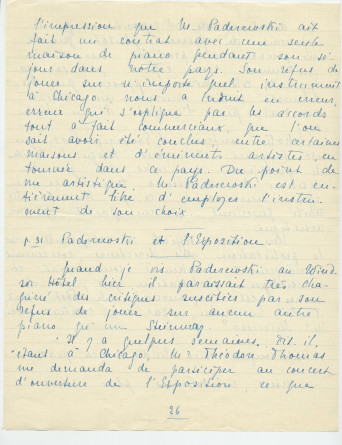 Reproduction manuscrite de divers articles de presse sur Paderewski (sans réf. claires la plupart du temps) par Lydia Opienska-Barblan (probablement tirés d'un pressbook)